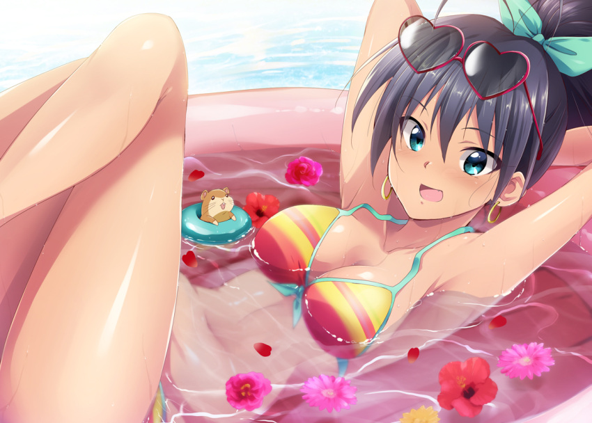 1girl :d antenna_hair arms_behind_back arms_up bangs bikini black_hair blue_eyes blush breasts cleavage collarbone earrings eyebrows_visible_through_hair eyewear_on_head flower flower_on_water ganaha_hibiki green_ribbon hair_ribbon hamster hamuzou heart-shaped_sunglasses hoop_earrings idolmaster innertube jewelry kaiga legs_up long_hair looking_at_viewer lying medium_breasts multicolored multicolored_bikini multicolored_clothes on_back open_mouth partially_submerged petals_on_water pink-framed_eyewear ponytail ribbon shiny shiny_skin smile solo swimsuit thighs tsurime wading_pool water