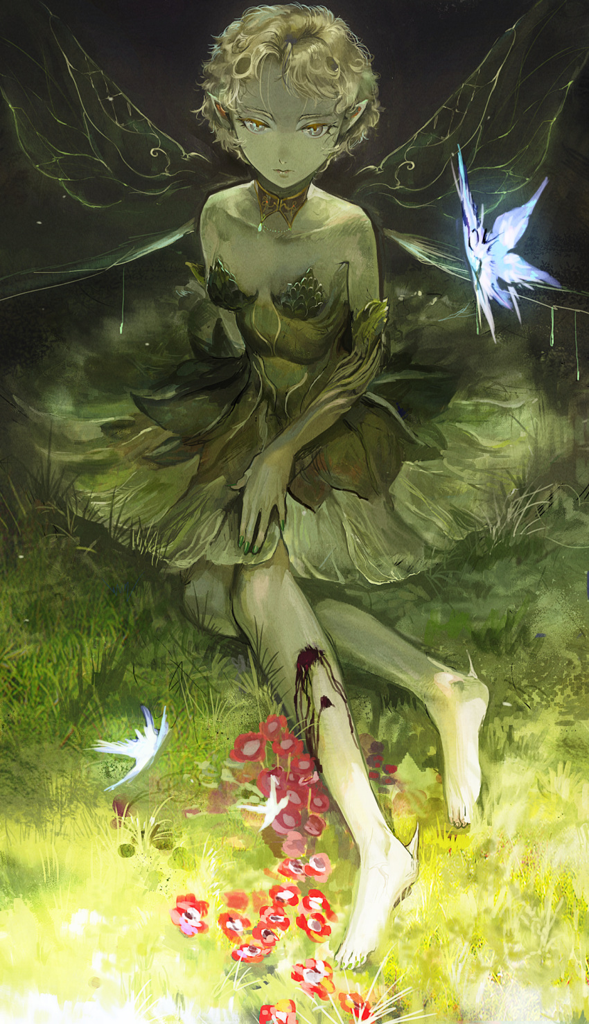 1girl bare_shoulders barefoot bayashiko bleeding blonde_hair blood blood_on_leg closed_mouth commentary_request deep_wound detached_collar dress expressionless fairy fairy_wings fantasy flower gem grass green_dress green_nails grey_eyes hand_on_own_leg highres injury jewelry looking_at_viewer monster_girl nail_polish necklace original pink_lips plant plant_girl pointy_ears short_hair sitting wings