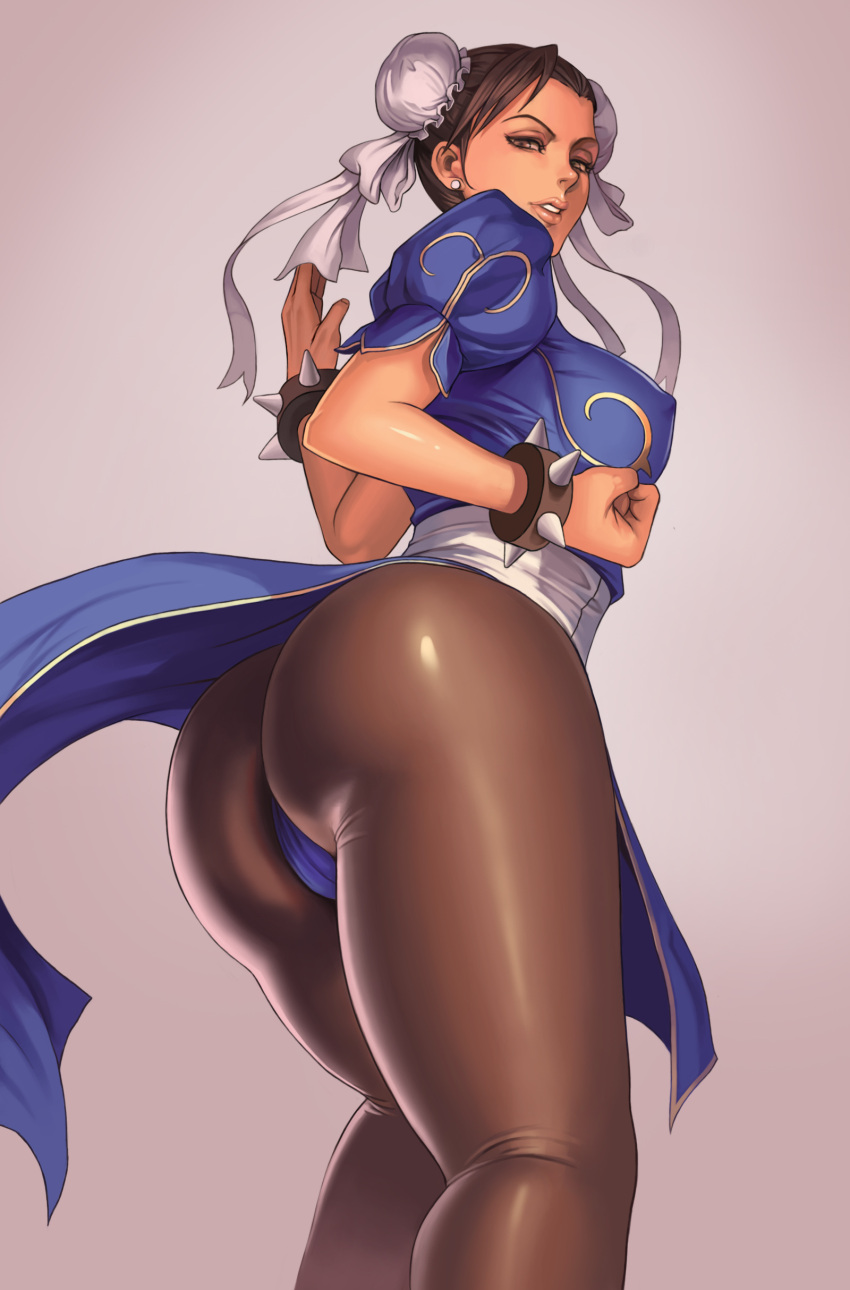 1girl absurdres ass bracelet breasts brown_eyes brown_hair brown_legwear bun_cover china_dress chinese_clothes chun-li clenched_hand commentary dantewontdie double_bun dress earrings erect_nipples fighting_stance from_below highres jewelry large_breasts lips pantyhose patreon_reward pelvic_curtain puffy_short_sleeves puffy_sleeves sash short_hair short_sleeves solo spiked_bracelet spikes street_fighter stud_earrings thighs