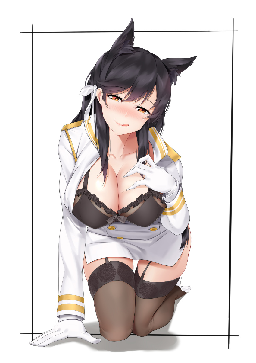 1girl :q absurdres all_fours atago_(azur_lane) azur_lane black_bra black_hair blush bra breasts brown_eyes cleavage closed_mouth collarbone eyebrows_visible_through_hair foreshortening frilled_bra frills garter_straps gloves greyscale head_tilt heart heart-shaped_pupils highres kong_lang_(skywave) large_breasts long_sleeves looking_at_viewer military military_uniform miniskirt monochrome nose_blush skirt solo symbol-shaped_pupils thigh-highs thigh_gap tongue tongue_out underwear uniform white_gloves white_skirt zettai_ryouiki