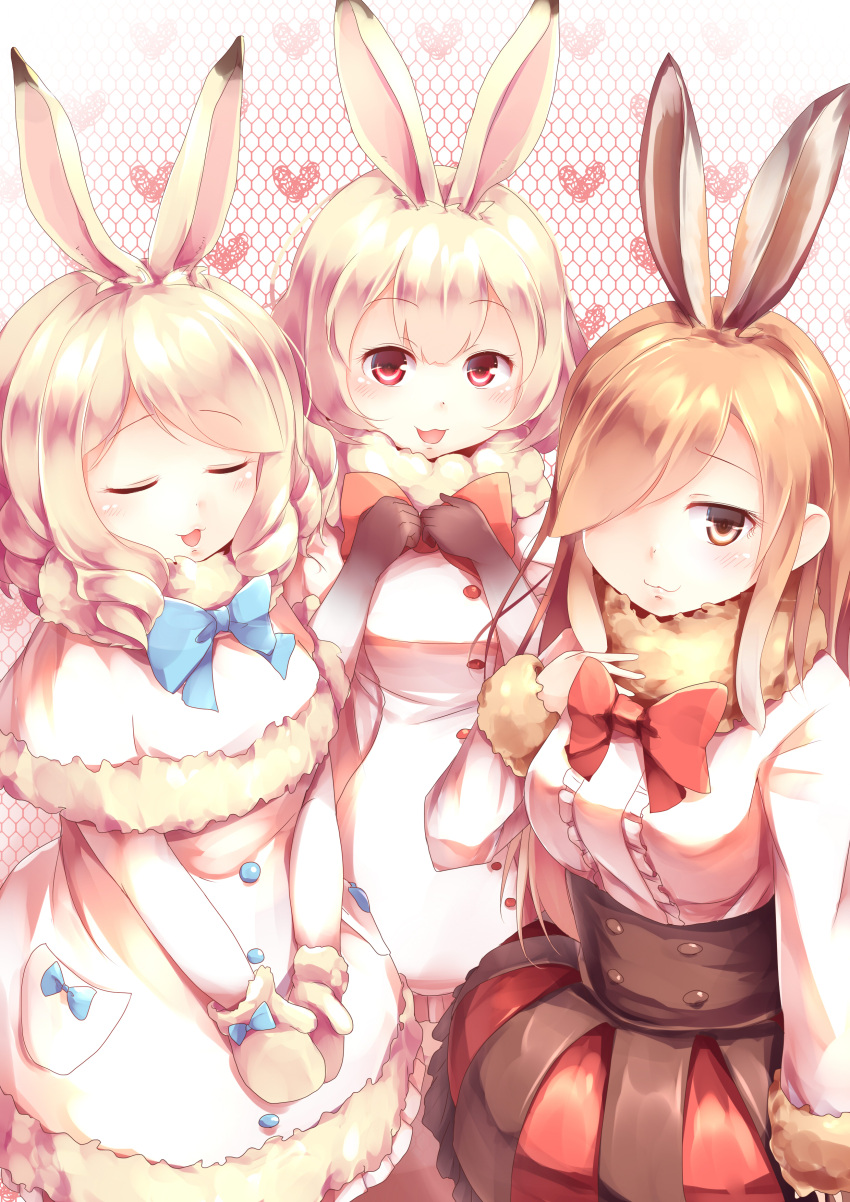 3girls :3 :d absurdres animal_ears arctic_hare_(kemono_friends) arm_at_side bangs black_gloves blue_bow blue_neckwear blush bob_cut bow bowtie breasts brown_eyes brown_hair buttons capelet closed_eyes closed_mouth corset cowboy_shot dress drill_hair elbow_gloves european_hare_(kemono_friends) eyebrows eyebrows_visible_through_hair eyelashes facing_viewer frilled_dress frilled_shirt frilled_skirt frills fur_collar fur_trim gloves gradient_clothes gradient_gloves hair_between_eyes hair_over_one_eye hand_on_own_chest hands_together heart heart_background highres kanzakietc kemono_friends lips long_hair looking_at_viewer medium_breasts miniskirt mittens mountain_hare_(kemono_friends) multicolored multicolored_clothes multicolored_gloves multiple_girls open_mouth pocket rabbit_ears red_eyes red_neckwear red_skirt shirt short_hair sidelocks skirt sleeves_past_wrists smile standing straight_hair tareme tongue v_arms white_dress white_gloves white_hair white_mittens white_shirt
