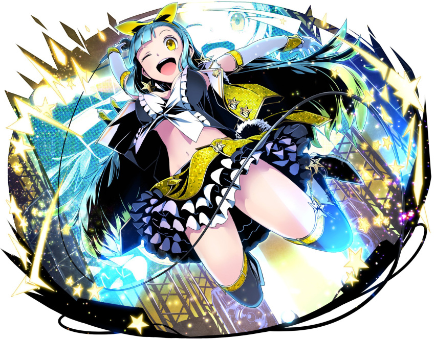 1girl ;d arm_up black_legwear blue_hair breasts cleavage divine_gate elbow_gloves floating_hair full_body gloves highres idol layered_skirt long_hair medium_breasts midriff miniskirt navel one_eye_closed open_mouth shadow simple_background skirt smile solo stomach thigh-highs ucmm very_long_hair white_background white_gloves white_skirt yellow_eyes