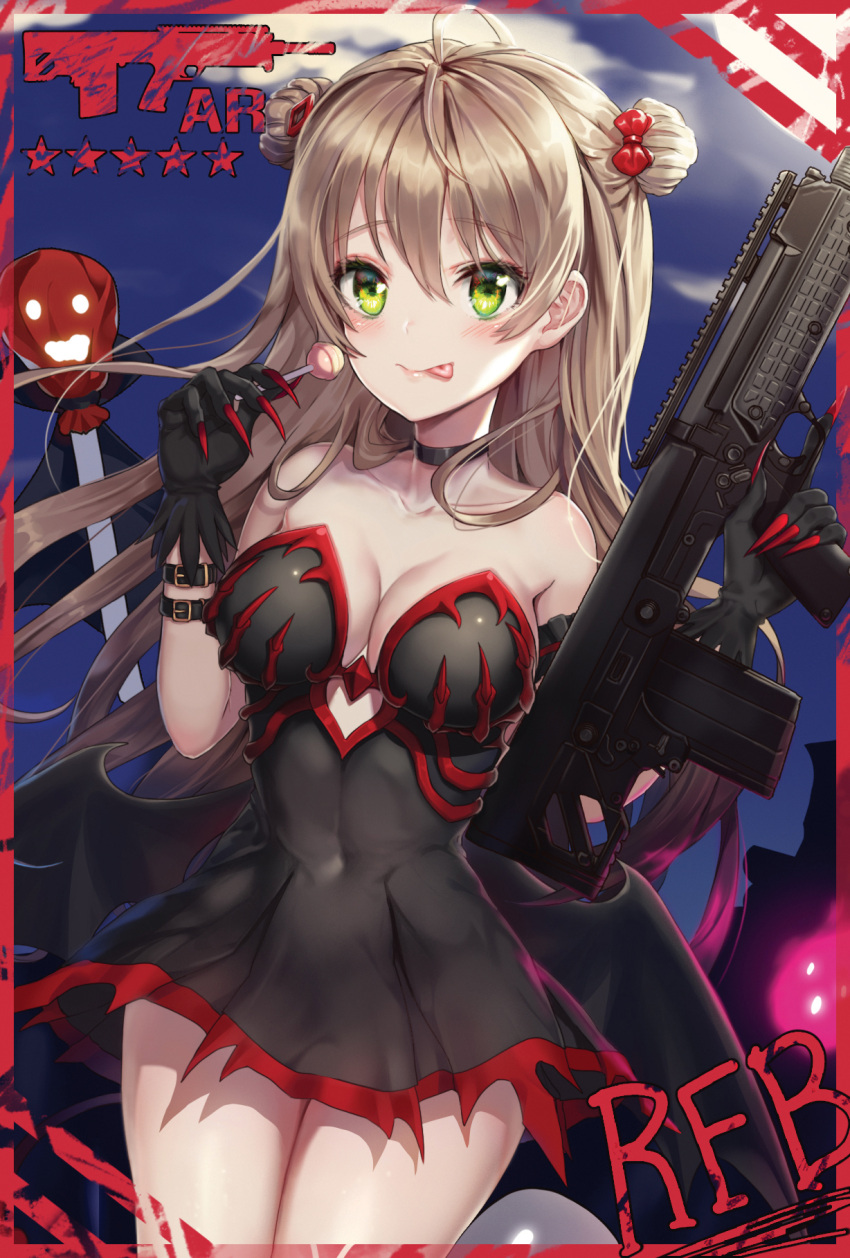 1girl :p ahoge alternate_costume bare_shoulders black_dress black_gloves black_neckwear blush border bow breasts brown_hair buckle candy character_name cleavage closed_mouth collarbone covered_navel cowboy_shot double_bun dress eyebrows_visible_through_hair food girls_frontline gloves greem_bang green_eyes gun hair_bow halloween_costume highres holding holding_food holding_gun holding_weapon jack-o'-lantern lollipop long_hair looking_at_viewer medium_breasts red_border red_bow rfb_(girls_frontline) short_dress solo standing star strapless strapless_dress tareme thighs tongue tongue_out trigger_discipline very_long_hair weapon