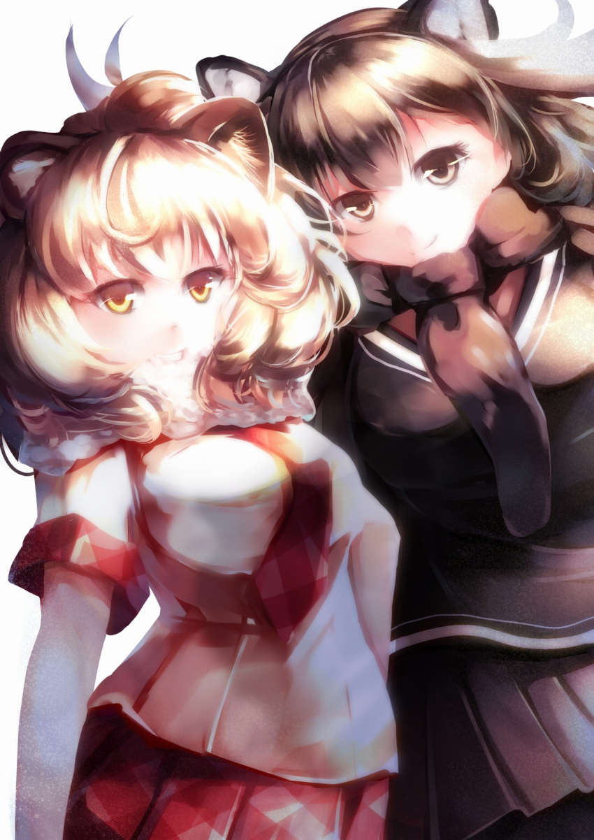 2girls animal_ears antlers bangs black_legwear black_skirt black_vest blonde_hair breasts brown_eyes brown_hair closed_mouth cowboy_shot dutch_angle eyelashes facing_away facing_viewer fur_collar grin hair_between_eyes hand_on_hip highres kanzakietc kemono_friends lion_(kemono_friends) lion_ears long_hair looking_at_viewer medium_breasts moose_(kemono_friends) moose_ears multiple_girls no_eyebrows pantyhose pleated_skirt red_shirt shirt short_hair short_sleeves simple_background skirt smile standing teeth tsurime v-neck vest white_background white_shirt yellow_eyes