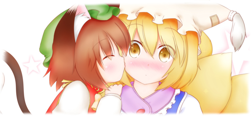 2girls :o animal_ears blonde_hair blush brown_hair cat_ears cat_tail cheek_kiss chen closed_eyes eyebrows_visible_through_hair fox_tail hand_on_another's_shoulder hat hat_with_ears kiss long_sleeves looking_at_viewer mob_cap multiple_girls multiple_tails profile red_vest short_hair simple_background star surprised tail tassel touhou upper_body uru_(uru0301) vest white_background wide-eyed yakumo_ran yellow_eyes