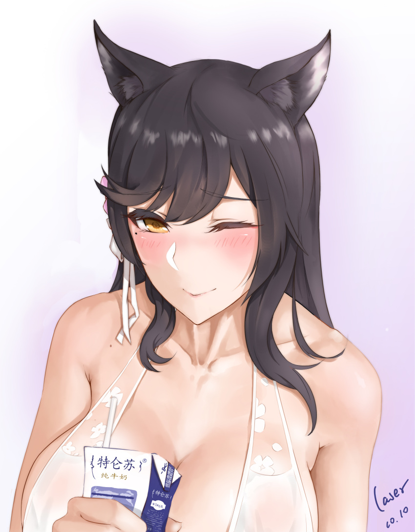 1girl absurdres animal_ears arm_at_side artist_name atago_(azur_lane) azur_lane bangs bikini black_hair blush breasts brown_eyes cleavage closed_mouth commentary_request dated drinking_straw eyebrows_visible_through_hair eyelashes gradient gradient_background hair_ribbon highres holding large_breasts long_hair milk_carton mole mole_under_eye one_eye_closed ribbon rosaline smile solo squeezing swimsuit white_bikini white_ribbon