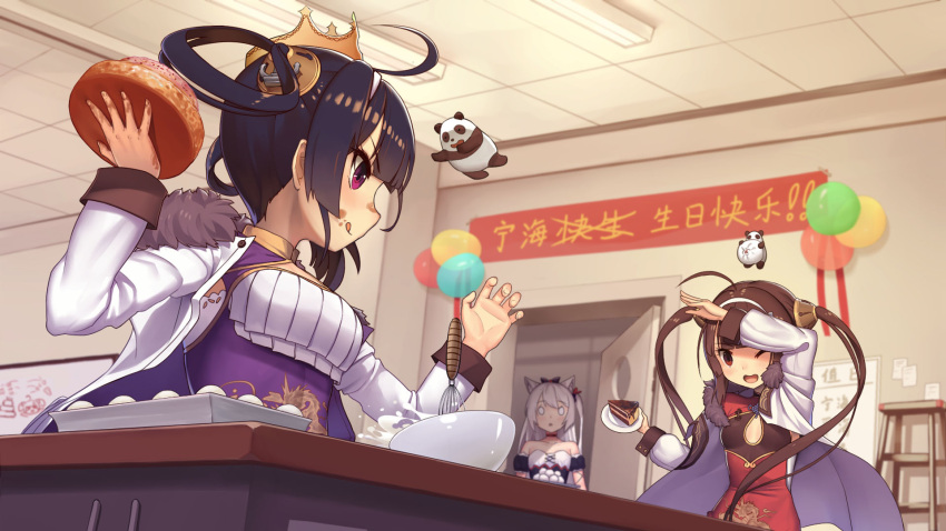 3girls :q ;d animal_ears azur_lane bangs blue_hair brown_hair eyebrows_visible_through_hair food food_on_face hair_rings highres holding holding_food indoors long_hair multiple_girls ning_hai_(azur_lane) one_eye_closed open_mouth panda ping_hai_(azur_lane) smile tongue tongue_out tsurime twintails violet_eyes whisk white_hair xiaoyin_li