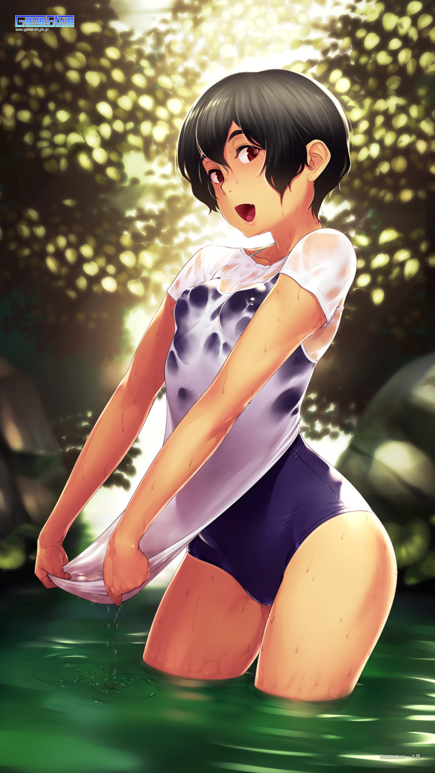 1girl :d artist_name bangs black_hair blue_swimsuit breasts copyright_name day game-style hair_between_eyes highres looking_at_viewer one-piece_swimsuit oohara_kyuutarou open_mouth outdoors phone_wallpaper pond red_eyes school_swimsuit see-through shirt short_hair short_sleeves small_breasts smile solo swimsuit thighs wading wallpaper water watermark wet wet_clothes wet_shirt