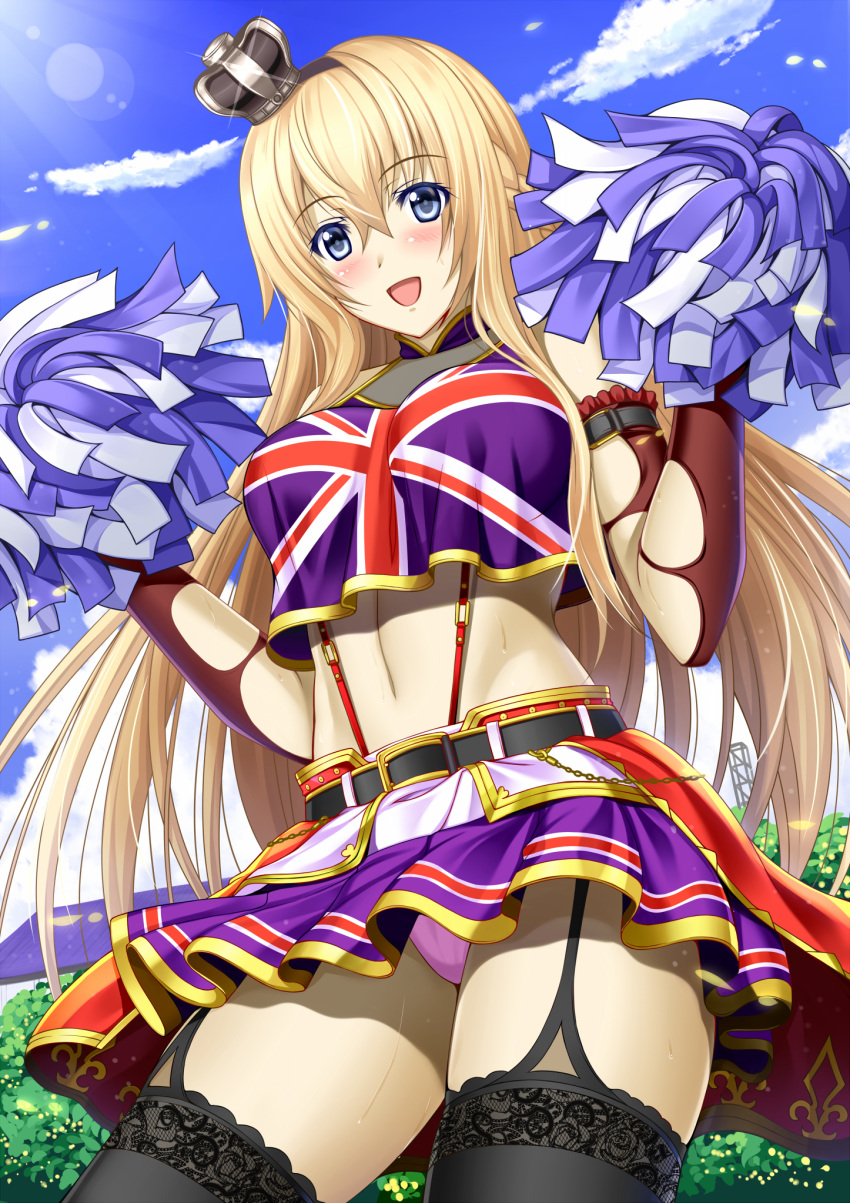 1girl :d alternate_costume bangs bare_shoulders belt belt_buckle black_legwear blonde_hair blue_eyes blue_sky blush breasts brown_gloves buckle cheerleader commentary_request crop_top crop_top_overhang crown day elbow_gloves eyebrows_visible_through_hair flag_print frills from_below garter_straps gloves hair_between_eyes highres holding kantai_collection large_breasts light_rays midriff mini_crown navel open_mouth outdoors panties pantyshot pantyshot_(standing) pink_panties pom_poms purple_skirt shibata_rai skirt sky sleeveless smile solo standing stomach sunbeam sunlight suspender_skirt suspenders sweat thigh-highs thighs torn_clothes torn_gloves underwear union_jack waist_cape warspite_(kantai_collection)