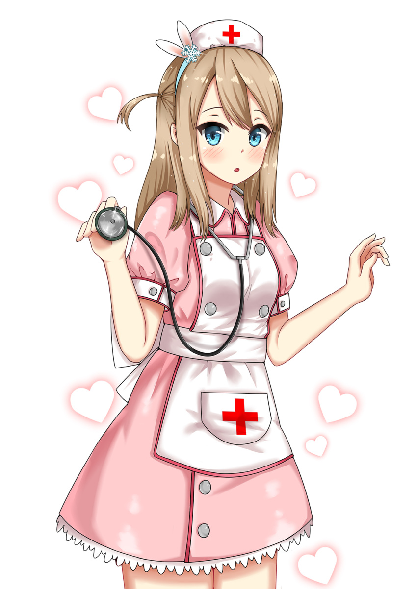 1girl :o apron bangs blue_eyes blush brown_hair cowboy_shot cross dress girls_frontline glint hair_ornament hat heart heart_background hei_yan highres holding long_hair nurse nurse_cap one_side_up open_mouth pink_dress puffy_short_sleeves puffy_sleeves red_cross short_sleeves snowflake_hair_ornament solo standing stethoscope suomi_kp31_(girls_frontline) tareme white_apron