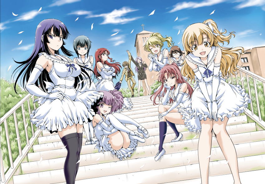 1boy 6+girls :d ;d absurdres arm_up ass bag black_skirt blonde_hair blue_eyes blue_hair blue_legwear blue_ribbon blue_sky brown_eyes brown_hair character_request chiaki_tarou chin_rest closed_eyes collarbone crossed_arms day dress elbow_gloves eyebrows_visible_through_hair frilled_dress frills glass gloves green_hair hair_ribbon hand_on_hip hand_on_own_knee high_ponytail highres jacket kneehighs leaning_forward leg_hug long_hair looking_at_viewer miniskirt multiple_girls neck_ribbon one_eye_closed open_mouth outdoors pants pencil_skirt petals ribbon school_bag short_dress short_hair_with_long_locks side_ponytail sitting skirt sky sleeveless sleeveless_dress smile stairs standing sweatdrop thigh-highs white_dress white_footwear white_gloves white_ribbon yellow_eyes yellow_jacket yellow_pants yomekura