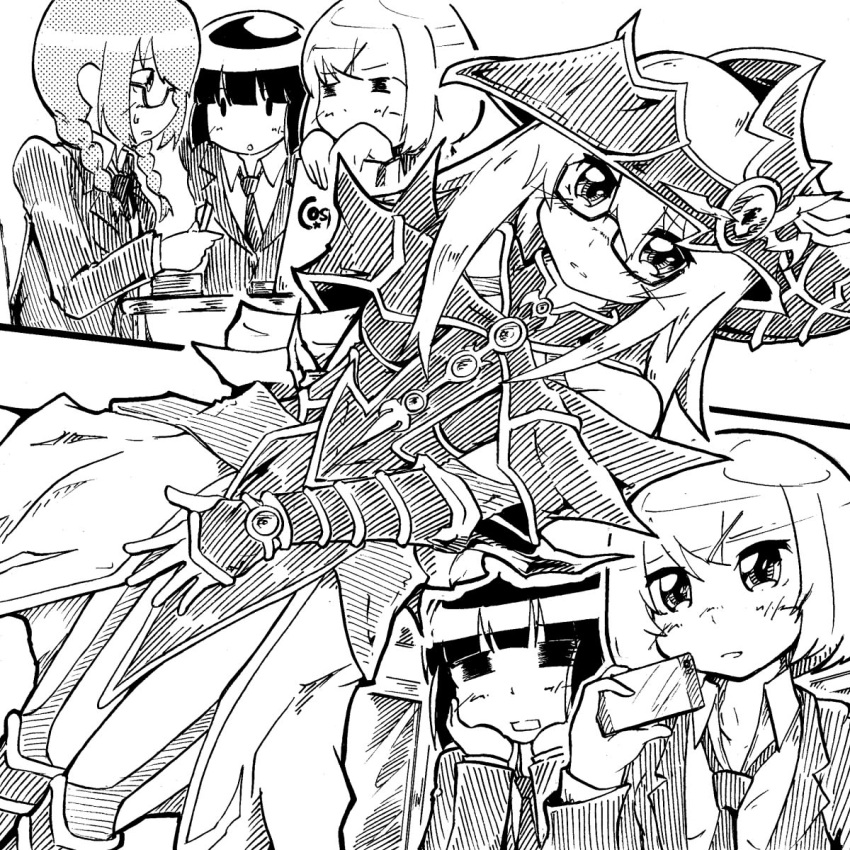 3girls bare_shoulders bitadoro boots braid breasts glasses hat highres long_hair magician's_valkyria multiple_girls necktie short_hair witch_hat yu-gi-oh!