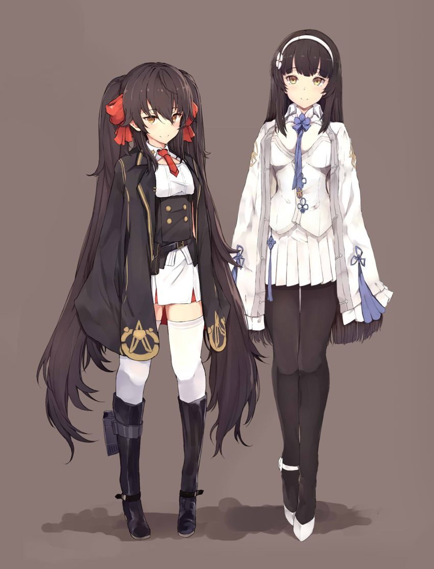 2girls ahokoo bangs between_breasts black_footwear black_hair black_legwear black_skirt blush boots bow breasts brown_eyes brown_hair chocolate_hair closed_mouth coat corset detached_collar dress eyebrows_visible_through_hair flower full_body girls_frontline grey_background hair_between_eyes hair_bow hair_flower hair_ornament hairband highres jacket jacket_on_shoulders knee_boots large_breasts long_hair looking_at_viewer multiple_girls neck_ribbon open_clothes open_coat pantyhose pleated_skirt qbz-95_(girls_frontline) qbz-97_(girls_frontline) red_bow red_neckwear ribbon shoes short_necktie simple_background skirt small_breasts smile standing strapless thigh-highs tubetop twintails underbust very_long_hair white_dress white_footwear white_legwear white_skirt yellow_eyes zettai_ryouiki