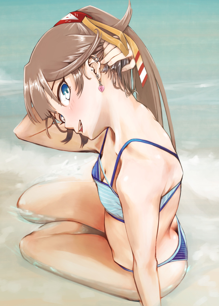 1girl :d arm_at_side arm_up ass bangs bare_arms bare_legs bare_shoulders bikini blue_bikini blue_eyes blush breasts brown_hair butt_crack cleavage commentary_request downblouse downpants ear_piercing earrings from_above head_tilt heart heart_earrings highres jewelry kantai_collection kazagumo_(kantai_collection) long_hair looking_at_viewer looking_to_the_side namiki_kojiro nape ocean open_mouth outdoors piercing sitting small_breasts smile solo striped striped_bikini swimsuit twitter_username water yokozuwari