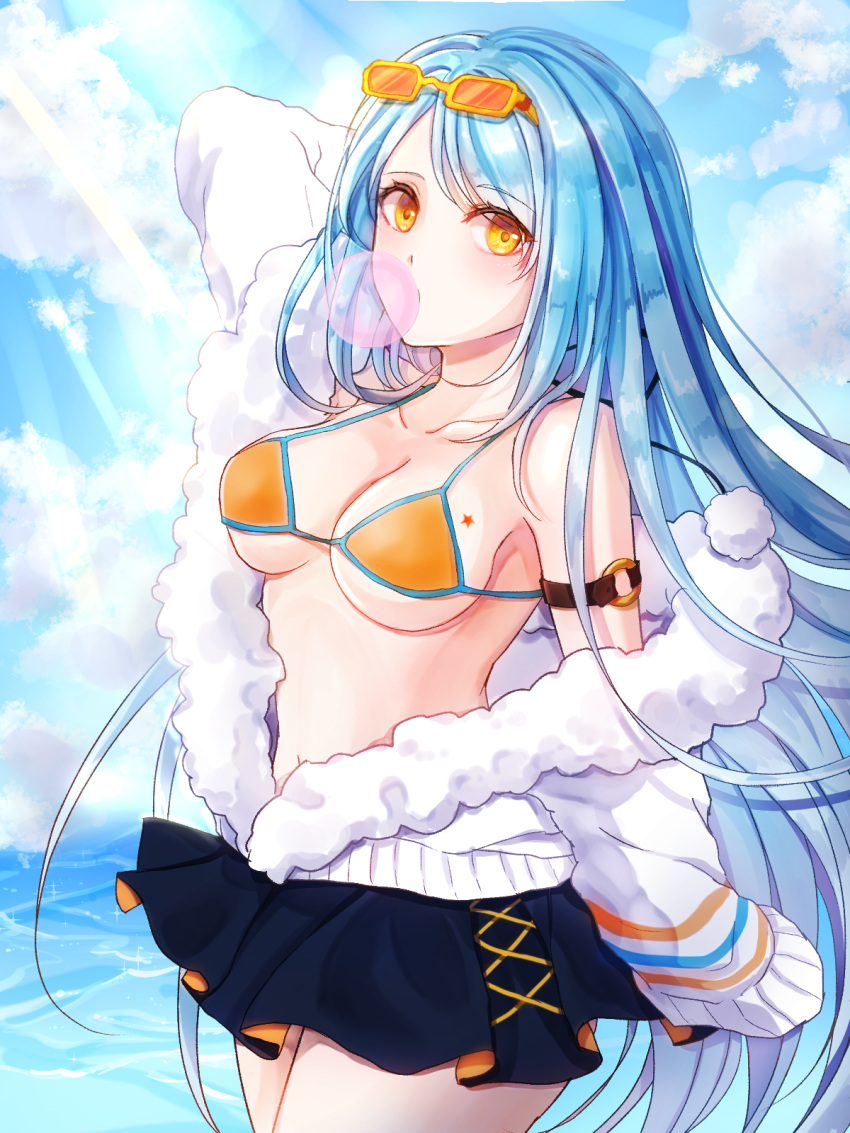 1girl arm_up bangs bare_shoulders bikini_top black_skirt blue_hair blue_sky blush breasts bubble_blowing chewing_gum cleavage clouds collarbone day eyewear_on_head ferrel_(rocher_71) fur-trimmed_jacket fur_trim girls_frontline hands_in_sleeves highres jacket light_rays long_hair long_sleeves looking_at_viewer m249_saw_(girls_frontline) medium_breasts miniskirt o-ring ocean open_clothes open_jacket orange_bikini_top outdoors skirt sky solo sunbeam sunlight swept_bangs tareme very_long_hair water white_jacket yellow-framed_eyewear yellow_eyes