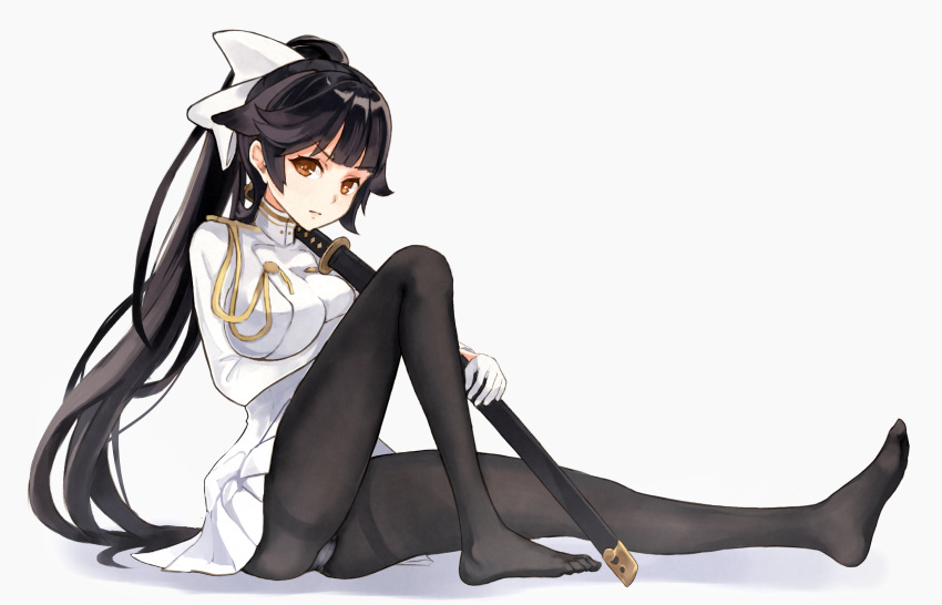 &gt;:| 1girl aiguillette ashiya_hiro azur_lane bangs black_legwear blunt_bangs blush bow breasts closed_mouth commentary_request expressionless feet full_body hair_bow high_ponytail highres knee_up large_breasts long_hair long_sleeves looking_at_viewer military military_uniform no_shoes panties panties_under_pantyhose pantyhose pantyshot pantyshot_(sitting) pleated_skirt sheath sheathed simple_background sitting skirt solo sword takao_(azur_lane) thighband_pantyhose underwear uniform upskirt very_long_hair weapon white_background white_bow white_panties white_skirt
