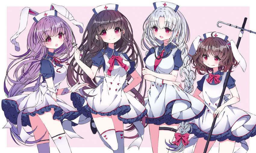 4girls :d :o :q alternate_costume animal_ears apron bandage bangs black_footwear blue_dress blush bow bowtie braid breasts brown_hair closed_mouth commentary_request crossed_arms dress eyebrows_visible_through_hair frilled_dress frills hat heart holding houraisan_kaguya inaba_tewi leg_up looking_at_viewer mary_janes medium_breasts multiple_girls neck_ribbon necktie nurse_cap open_mouth parted_bangs pink_background rabbit_ears red_bow red_eyes red_neckwear red_ribbon reisen_udongein_inaba ribbon rimei shoes short_sleeves silver_hair simple_background single_braid smile standing standing_on_one_leg stethoscope syring tareme thigh-highs thigh_strap tongue tongue_out touhou white_apron white_legwear wrist_cuffs yagokoro_eirin zettai_ryouiki