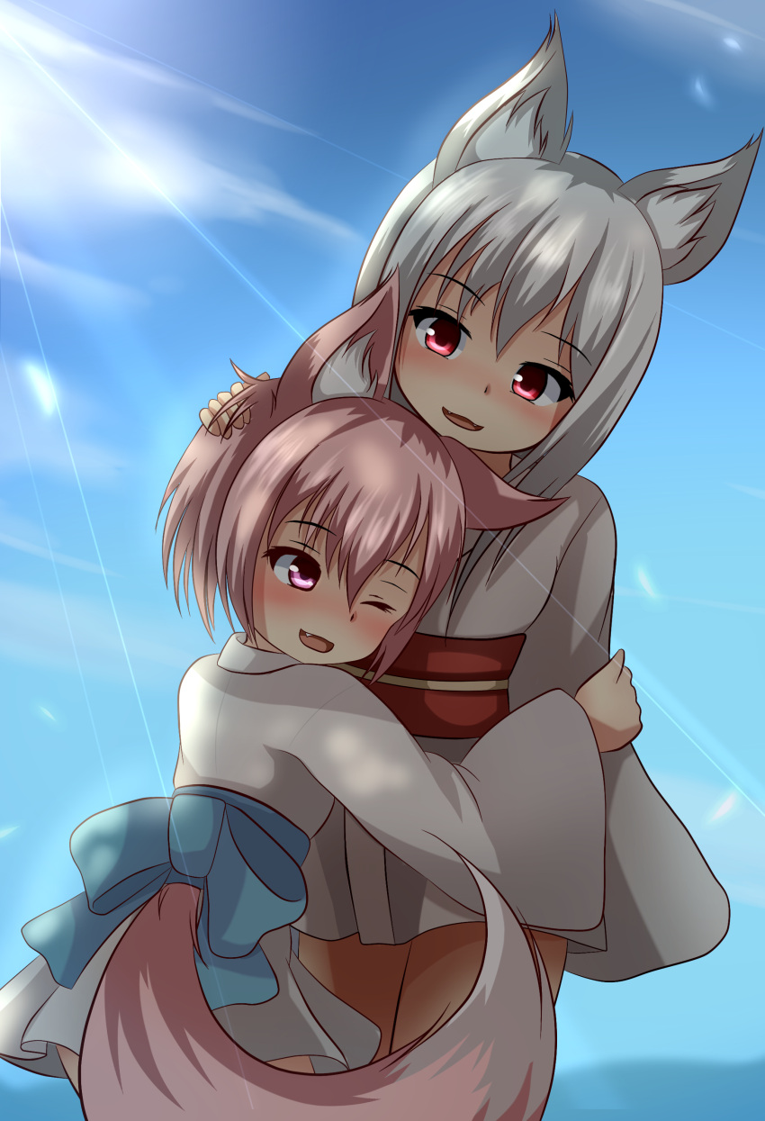 2girls absurdres animal_ears blue_sky blush eyebrows_visible_through_hair fangs grey_hair hair_between_eyes hand_on_another's_arm hand_on_another's_head highres hotel01 hug japanese_clothes kimono kimono_skirt multiple_girls one_eye_closed original pink_eyes pink_hair red_eyes short_hair sky smile sunlight tail wolf_ears wolf_tail