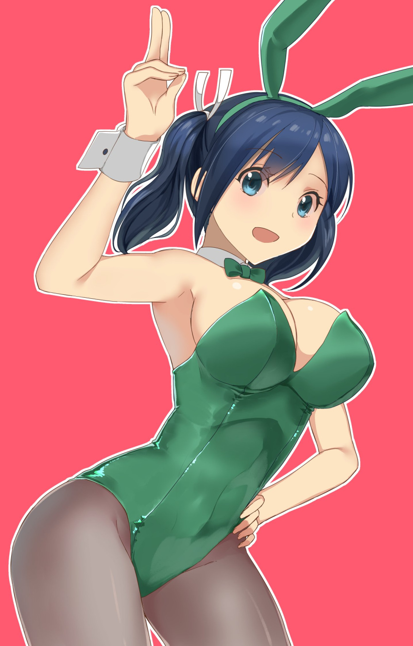 1girl animal_ears arm_up blue_eyes blue_hair bow bowtie breasts brown_legwear cleavage contrapposto cowboy_shot detached_collar eyebrows_visible_through_hair fake_animal_ears h hair_tie hairband hand_on_hip highres kantai_collection large_breasts leaning_forward leotard looking_at_viewer masukuza_j pantyhose pink_background rabbit_ears simple_background smile solo souryuu_(kantai_collection) twintails wrist_cuffs