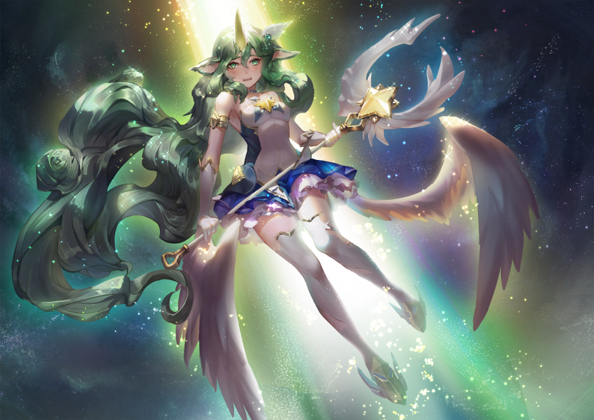 1girl angel_wings armlet bare_shoulders breasts dress elbow_gloves full_body gloves green_eyes green_hair hair_ornament horns kirsos league_of_legends long_hair looking_at_viewer magical_girl open_mouth pointy_ears skirt sky sleeveless sleeveless_dress soraka sp;p sparkle staff star_(sky) star_guardian_soraka starry_sky thigh-highs very_long_hair wings zettai_ryouiki