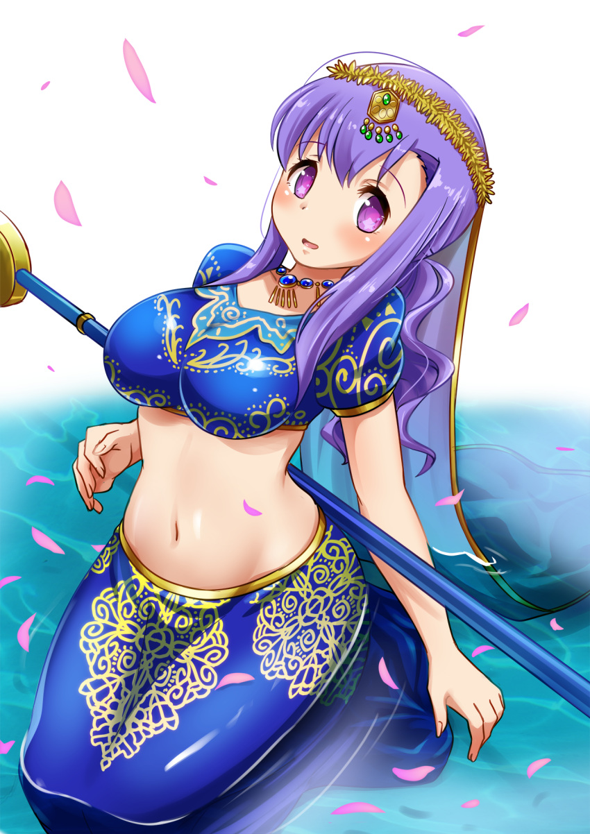 +_+ 1girl fate/grand_order fate_(series) highres indian_clothes jewelry matou_sakura navel necklace oomochi_(16215775) parvati_(fate/grand_order) petals polearm purple_hair spear violet_eyes water weapon
