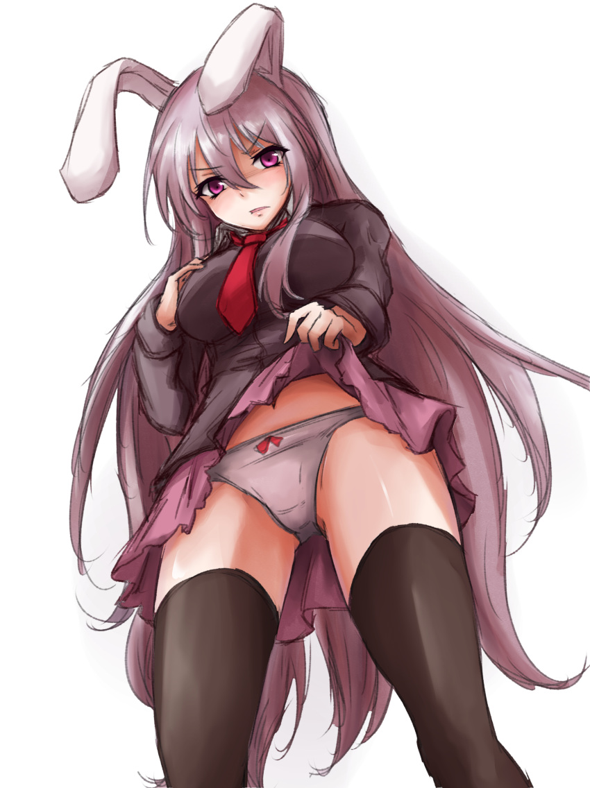1girl absurdres amagi_(amagi626) animal_ears black_legwear black_shirt bow bow_panties from_below hand_on_own_chest highres lifted_by_self long_hair long_sleeves looking_down necktie open_mouth panties rabbit_ears red_necktie reisen_udongein_inaba shirt sketch skirt skirt_pull thigh-highs touhou underwear violet_eyes white_background white_hair white_panties zettai_ryouiki