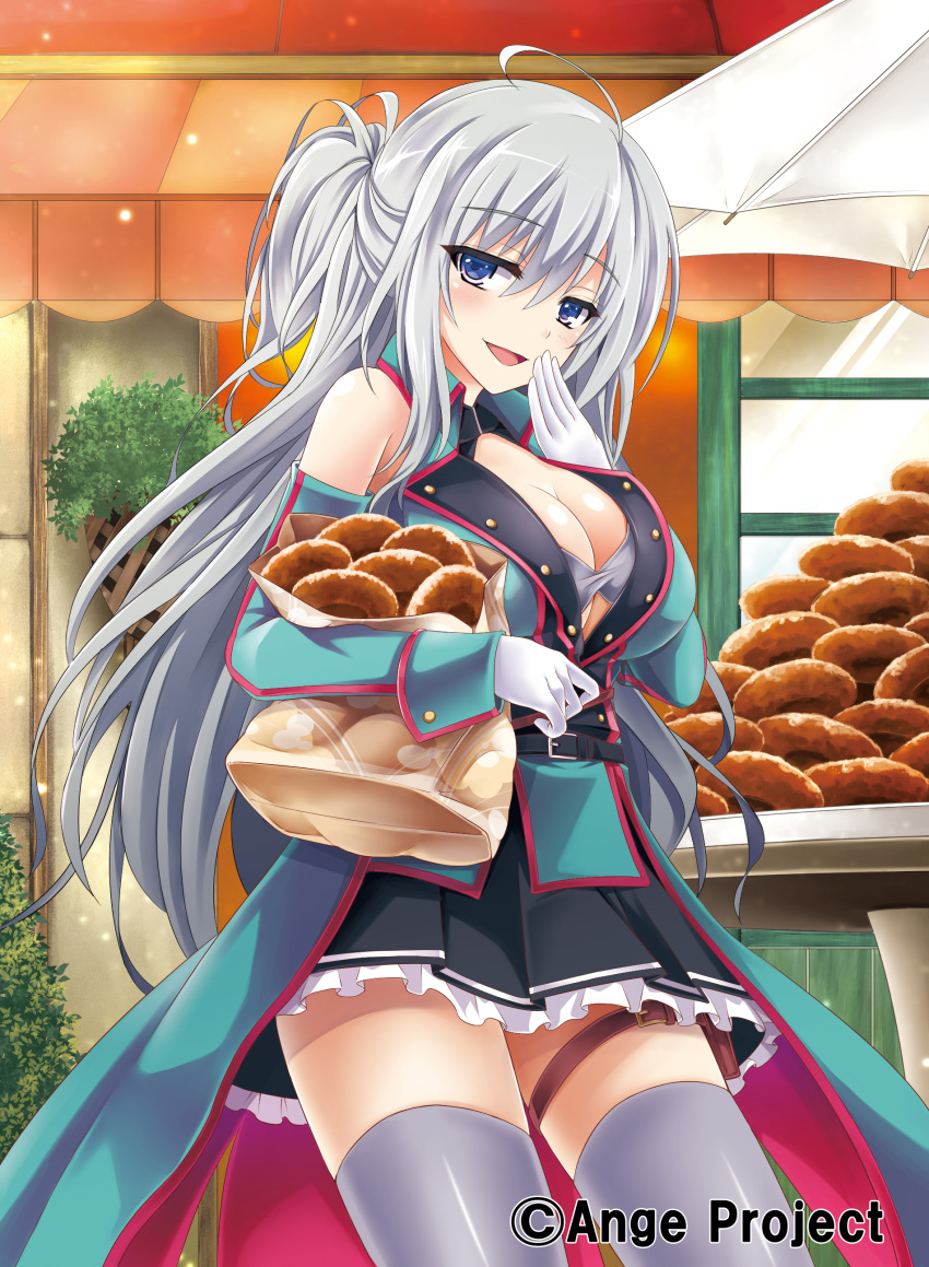 1girl :d absurdres ahoge ange_vierge bag bare_shoulders belt braid breasts cleavage detached_sleeves gloves highres holding_bag kurowana large_breasts looking_at_viewer nya_lapucea open_mouth paper_bag silver_hair smile solo thigh-highs thigh_strap white_gloves zettai_ryouiki