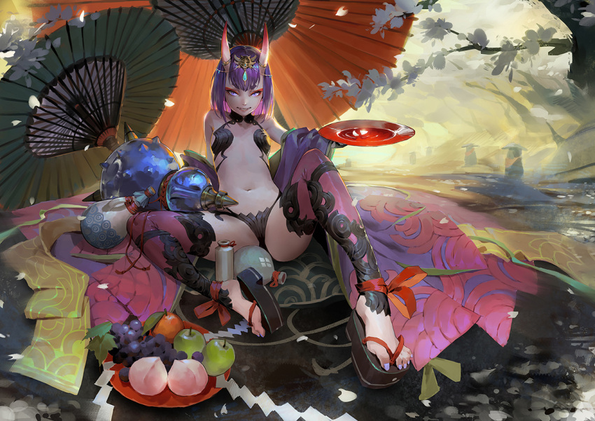 1girl alcohol ankle_ribbon apple arm_support bare_shoulders bottle circlet cup day eyeliner fate/grand_order fate_(series) feet food foreshortening fruit full_body geta gourd grapes halterneck japanese_clothes kimono leaning_back legs long_sleeves looking_at_viewer makeup md5_mismatch nail_polish navel on_ground oni_horns open_clothes open_kimono outdoors parasol peach petals purple_hair purple_kimono purple_legwear purple_nails qmo_(chalsoma) red_ribbon red_umbrella revealing_clothes ribbon sakazuki sake short_hair shuten_douji_(fate/grand_order) sitting solo spikes stomach thigh-highs toenail_polish toenails umbrella violet_eyes