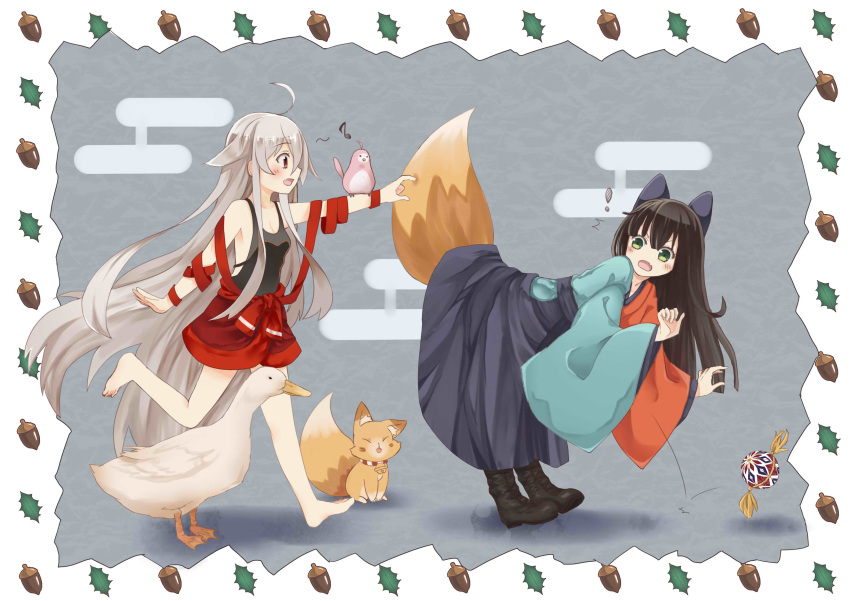 ! 2girls :d :o absurdres acorn ahoge backless_outfit bangs bare_shoulders barefoot bell bird black_bow black_footwear black_hair black_hakama black_shirt blush boots bow breasts chiya_(urara_meirochou) cleavage collarbone commentary_request eyebrows_visible_through_hair fox fox_tail full_body goose green_eyes grey_background hair_bow hakama highres hip_vent japanese_clothes jingle_bell kimono long_hair long_sleeves looking_at_another meiji_schoolgirl_uniform multicolored multicolored_clothes multicolored_kimono multiple_girls musical_note open_mouth poking red_eyes red_skirt shiroi_sange shirt sidelocks silver_hair skirt sleeveless sleeveless_shirt small_breasts smile surprised tail tatsumi_kon urara_meirochou very_long_hair walking wide_sleeves