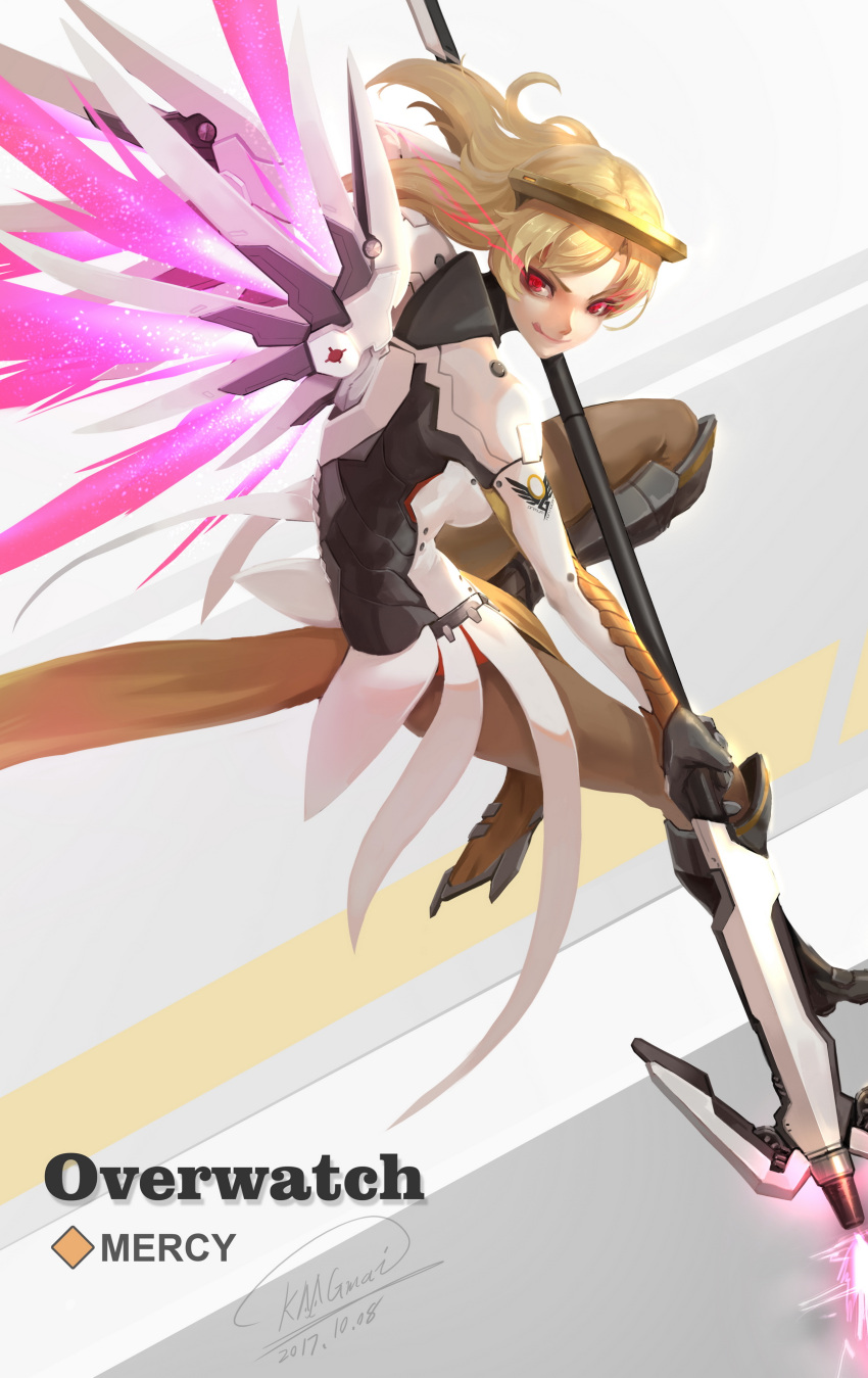 1girl absurdres alternate_eye_color alternate_wing_color artist_name blonde_hair bodysuit breasts brown_legwear character_name copyright_name dated evil_smile faulds glowing glowing_wings grey_background hair_tie high_ponytail highres holding holding_staff licking_lips long_hair mechanical_halo mechanical_wings medium_breasts mercy_(overwatch) open_mouth overwatch pelvic_curtain purple_wings red_eyes shou_mai signature simple_background smile solo spread_wings staff tongue tongue_out upper_body white_background white_bodysuit wings