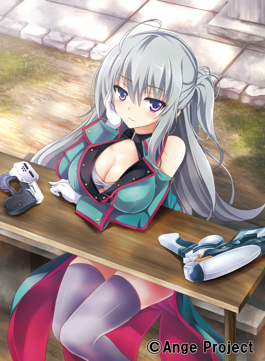1girl absurdres ahoge ange_vierge bare_shoulders breasts cleavage commentary_request highres kurowana large_breasts looking_at_viewer nya_lapucea silver_hair solo