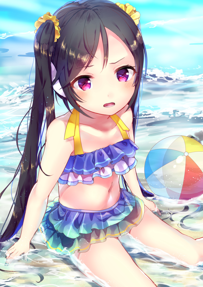 1girl absurdres bangs bare_arms bare_legs bare_shoulders beach bikini black_hair blue_bikini blue_nails blush collarbone commentary_request day eyebrows_visible_through_hair fingernails frilled_bikini frills hair_ornament hair_scrunchie halter_top halterneck highres hoshi_no_yurara_(xxberry_0x0) long_hair looking_at_viewer nail_polish navel ocean open_mouth outdoors parted_bangs sakusabe_chiko scrunchie sitting solo station_memories swimsuit transparent twintails very_long_hair violet_eyes yellow_scrunchie