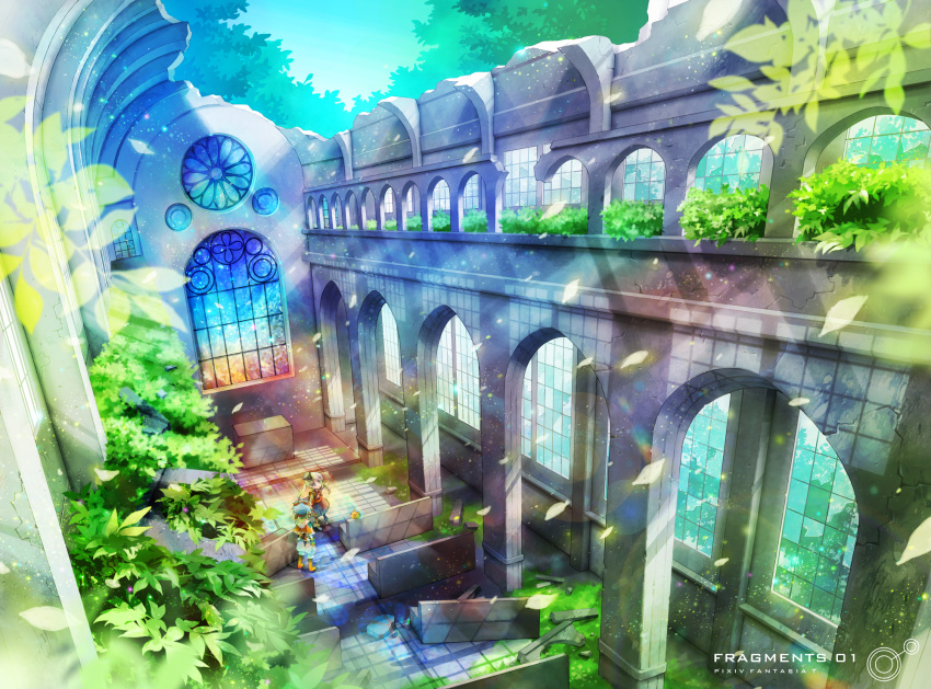 1boy 1girl blue_hair brown_hair church espiral_bonita goggles goggles_on_head highres long_hair looking_at_another overgrown pew pixiv_fantasia pixiv_fantasia_t pointing ruins scenery short_hair twintails