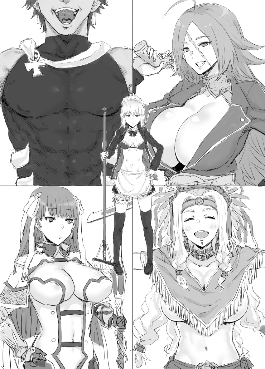 1boy 4girls ^_^ ^o^ abs apron artoria_pendragon_(swimsuit_rider_alter)_(fate) bare_shoulders bikini breasts cleavage closed_eyes fate/extra fate/grand_order fate/prototype fate/prototype:_fragments_of_blue_and_silver fate_(series) gauntlets go-m greyscale grin gun hand_on_hip headwear highres holding holding_gun holding_weapon huge_breasts large_breasts long_hair looking_at_viewer maid_headdress monochrome mop multiple_girls navel open_mouth outstretched_arms quetzalcoatl_(fate/grand_order) rider_(fate/extra) rider_(fate/prototype_fragments) saint_martha scar smile staff swimsuit tears teeth thigh-highs under_boob very_long_hair weapon