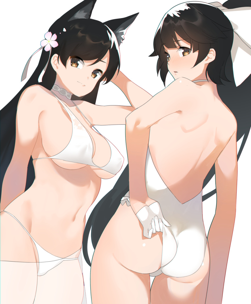 2girls 2l_(2lsize) adjustinf_swimsuit adjusting_clothes animal_ears ass atago_(azur_lane) azur_lane bikini black_hair breasts casual_one-piece_swimsuit cowboy_shot dog_ears hair_ears hair_flaps highres large_breasts long_hair looking_at_viewer multiple_girls one-piece_swimsuit ponytail sarong simple_background swimsuit takao_(azur_lane) wedgie white_background white_bikini white_swimsuit