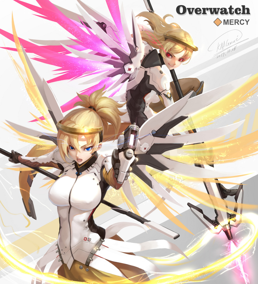 2girls absurdres aiming_at_viewer alternate_eye_color alternate_wing_color blonde_hair bodysuit breasts brown_legwear character_name copyright_name dual_persona evil_smile faulds glowing glowing_wings grey_background gun hair_tie handgun high_ponytail highres holding holding_staff licking_lips long_hair mechanical_halo mechanical_wings medium_breasts mercy_(overwatch) multiple_girls open_mouth overwatch pelvic_curtain pistol purple_wings red_eyes shou_mai simple_background smile solo spread_wings staff tongue tongue_out upper_body weapon white_background white_bodysuit wings yellow_wings