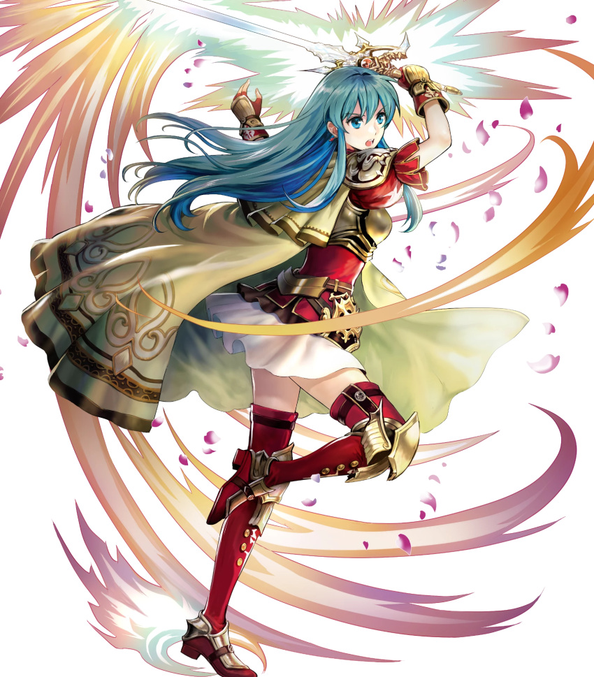 1girl armor bangs blue_eyes blue_hair breastplate cape earrings eirika eyebrows_visible_through_hair fire_emblem fire_emblem:_seima_no_kouseki fire_emblem_heroes full_body gloves highres holding holding_weapon jewelry long_hair mayachise official_art open_mouth petals short_sleeves shoulder_pads skirt solo sword thigh-highs transparent_background weapon zettai_ryouiki
