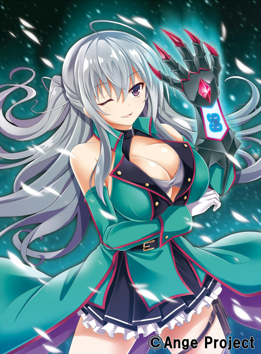 1girl :3 :d ahoge ange_vierge breast_hold breasts cleavage commentary_request detached_sleeves gauntlets gloves hair_between_eyes highres kurowana large_breasts long_hair nya_lapucea official_art one_eye_closed open_mouth silver_hair single_gauntlet single_glove smile thigh_strap very_long_hair white_gloves