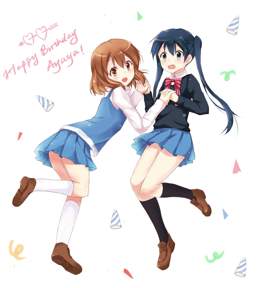 2girls :d absurdres bangs black_legwear black_sweater blue_eyes blue_hair blue_skirt blue_vest blush bow bowtie brown_eyes brown_footwear brown_hair character_name collared_shirt commentary_request confetti english flat_chest full_body hand_holding happy_birthday hat heart highres inokuma_youko interlocked_fingers kin-iro_mosaic kneehighs komichi_aya loafers long_hair long_sleeves looking_at_viewer multiple_girls open_mouth party_hat pink_bow pink_bowtie pleated_skirt school_uniform serafuku shirt shoes short_hair skirt smile standing standing_on_one_leg stick_jitb striped striped_bow striped_bowtie sweater twintails vest white_background white_legwear white_shirt wing_collar