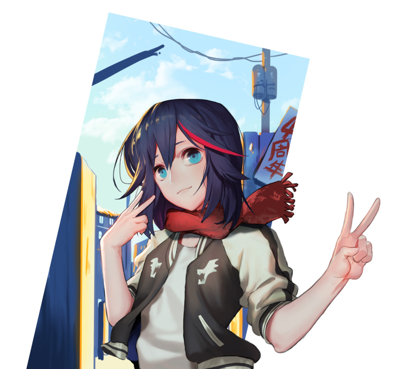 1girl black_hair black_jacket blue_eyes blue_sky closed_mouth commentary_request day double_v head_tilt highres hj_(leeho830) jacket kill_la_kill long_sleeves looking_at_viewer matoi_ryuuko multicolored_hair open_clothes open_jacket open_mouth red_scarf redhead scarf shirt short_hair sign sky sleeves_pushed_up smile solo streaked_hair telephone_pole upper_body v white_shirt