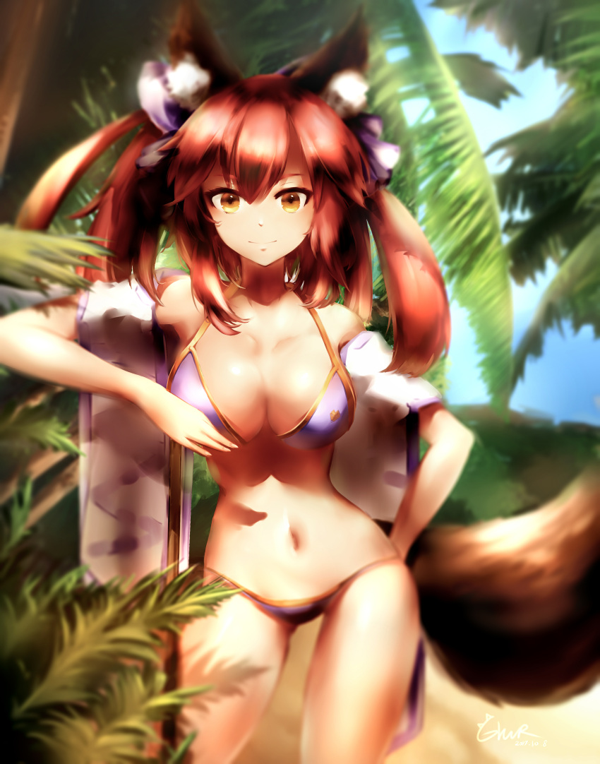 1girl absurdres animal_ears beach bikini blue_bikini breasts cleavage collarbone dated fate/extra fate/grand_order fate_(series) fox_ears fox_tail highres large_breasts long_hair looking_at_viewer mochigome_(fatelly) nature navel ocean outdoors pink_hair signature solo swimsuit tail tamamo_(fate)_(all) tamamo_no_mae_(swimsuit_lancer)_(fate) tree yellow_eyes