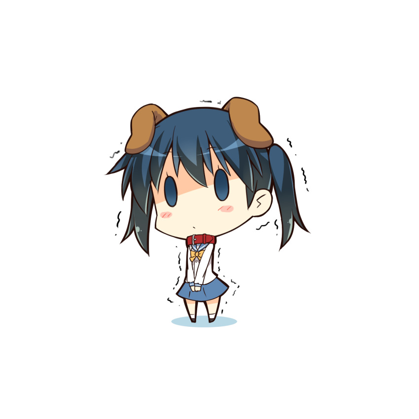 1girl animal_ears bangs black_footwear blouse blue_eyes blue_hair blue_sailor_collar blue_skirt blush_stickers bow bowtie chibi closed_mouth commentary_request dog_ears eyebrows_visible_through_hair full_body gia_kon hands_together highres kin-iro_mosaic komichi_aya long_hair long_sleeves looking_at_viewer red_collar sailor_collar school_uniform serafuku shaded_face shadow shoes skirt solid_oval_eyes solo standing trembling twintails white_background white_blouse white_legwear yellow_bow yellow_bowtie