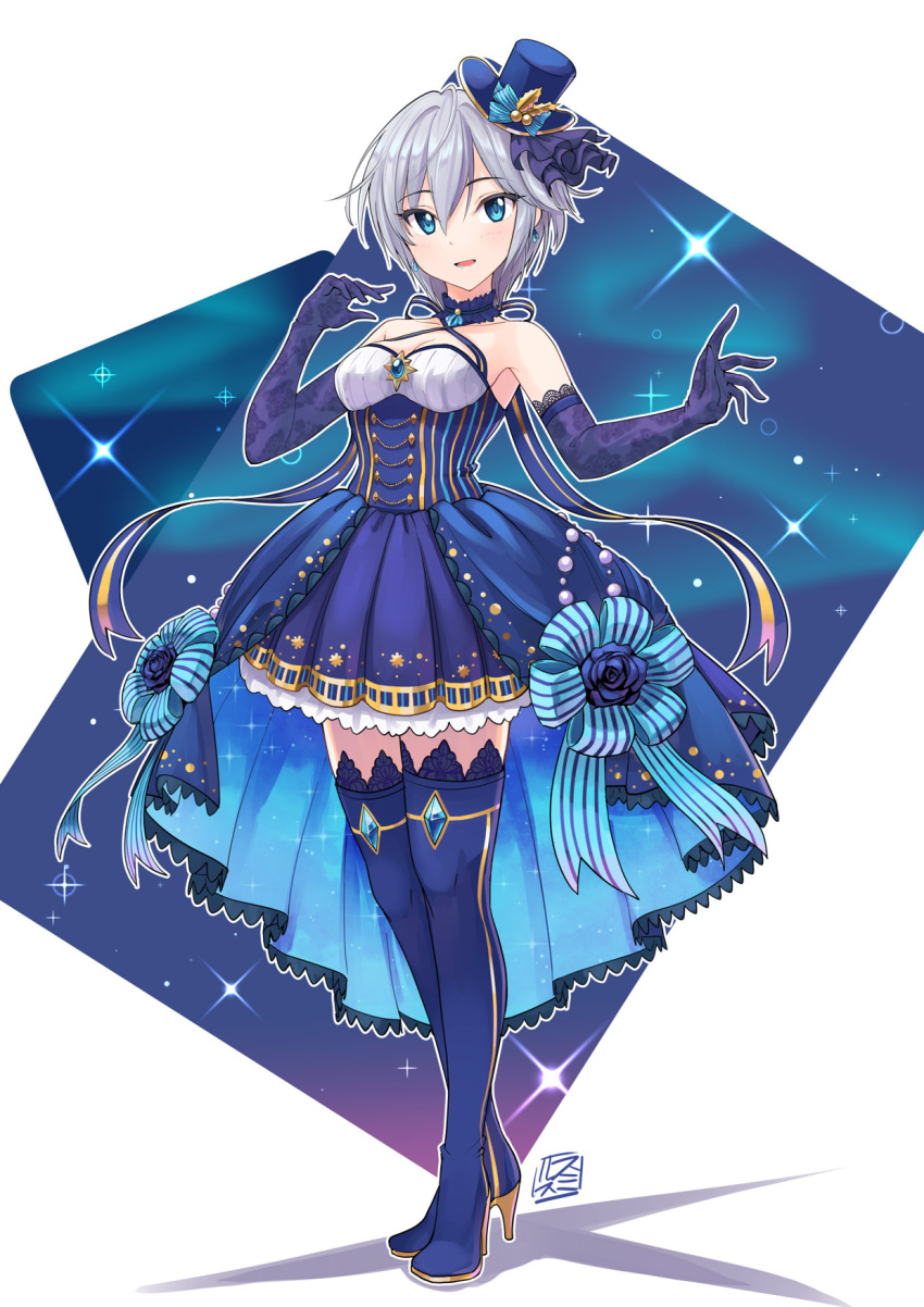 1girl anastasia_(idolmaster) blue blue_dress blue_eyes blue_gloves blue_legwear boots breasts cleavage commentary_request detached_collar dress elbow_gloves full_body gloves hat high_heel_boots high_heels highres idolmaster idolmaster_cinderella_girls idolmaster_cinderella_girls_starlight_stage medium_breasts mini_hat mini_top_hat simple_background smirs solo thigh-highs thigh_boots top_hat zettai_ryouiki