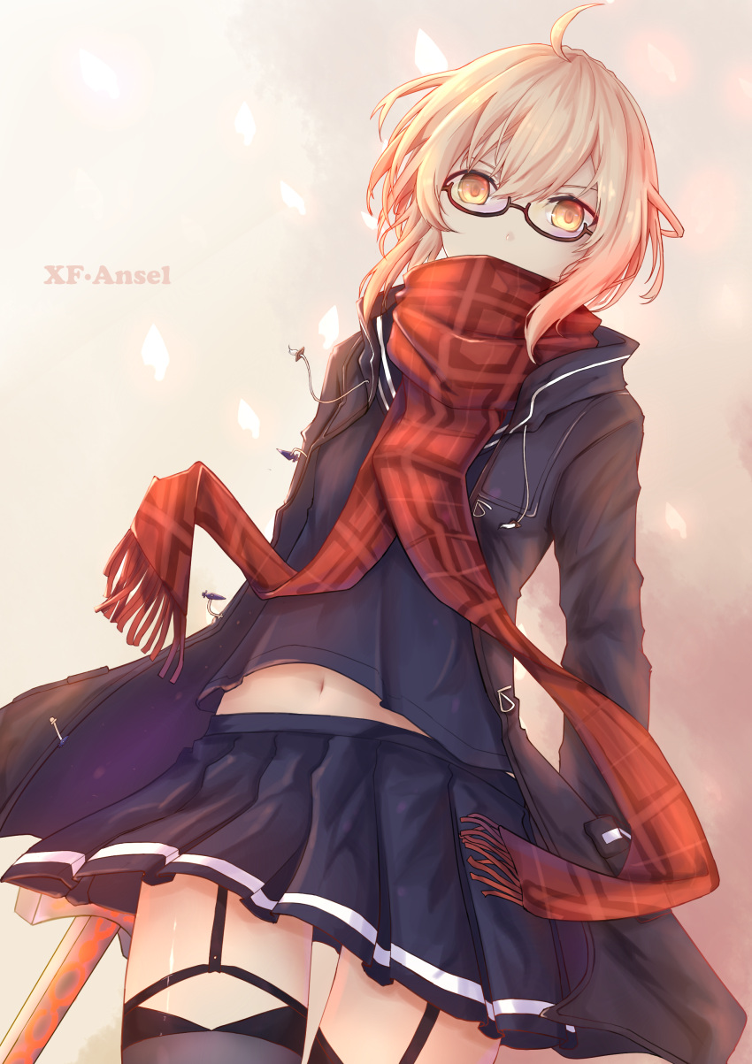 1girl absurdres ahoge artoria_pendragon_(all) black-framed_eyewear blonde_hair dark_excalibur fate/grand_order fate_(series) garter_straps glasses highres hood hooded_jacket jacket looking_at_viewer meo_(1271884559) mysterious_heroine_x_(alter) navel plaid plaid_scarf pleated_skirt red_scarf scarf school_uniform semi-rimless_glasses skirt solo sword thigh-highs under-rim_glasses weapon wind wind_lift yellow_eyes zettai_ryouiki