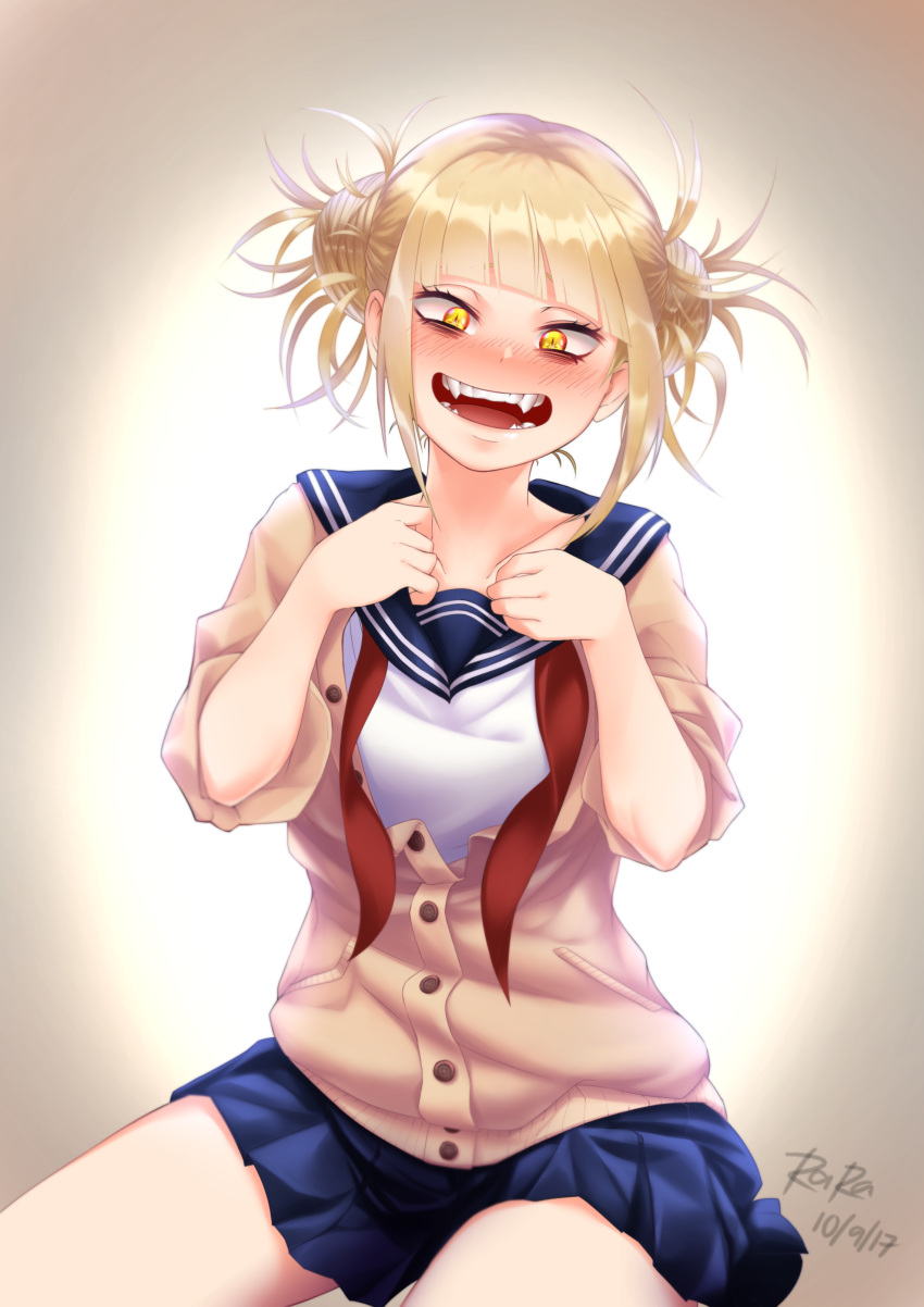 1girl 2017 :d absurdres artist_name bangs blonde_hair blunt_bangs blush boku_no_hero_academia cardigan dated double_bun fangs hair_bun half-closed_eyes highres open_mouth pleated_skirt school_uniform skirt sleeves_rolled_up smile solo teeth toga_himiko twintails unbuttoned untied yandere_trance yellow_eyes