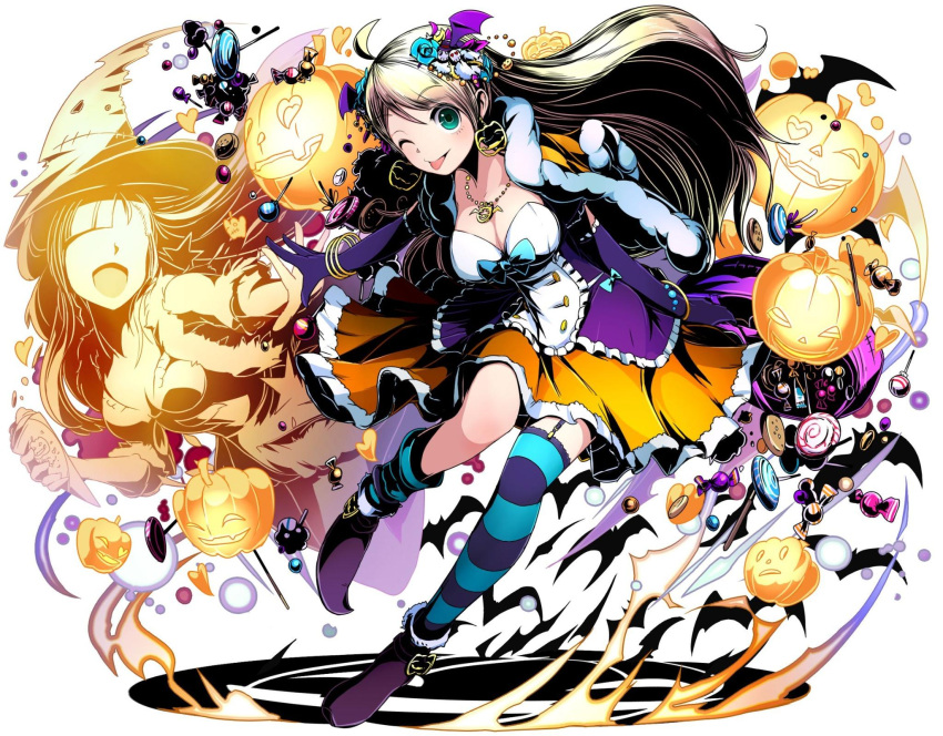 1girl ;p ahoge blonde_hair bracelet breasts capelet cleavage divine_gate elbow_gloves floating_hair full_body garter_straps gloves green_eyes hair_ornament highres jewelry long_hair looking_at_viewer medium_breasts necklace one_eye_closed purple_gloves shadow simple_background skirt solo striped striped_legwear thigh-highs tongue tongue_out ucmm very_long_hair white_background yellow_skirt