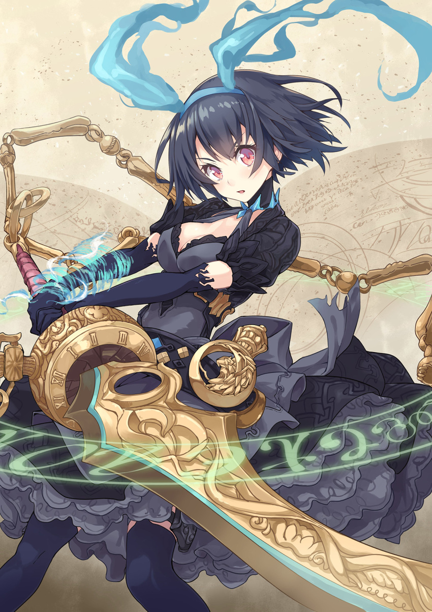 1girl alice_(sinoalice) black_gloves black_hair black_legwear blush breasts cleavage elbow_gloves eyebrows_visible_through_hair gloves hairband highres hinoki_yuu holding holding_sword holding_weapon large_breasts looking_at_viewer parted_lips red_eyes short_hair sinoalice solo sword thigh-highs weapon