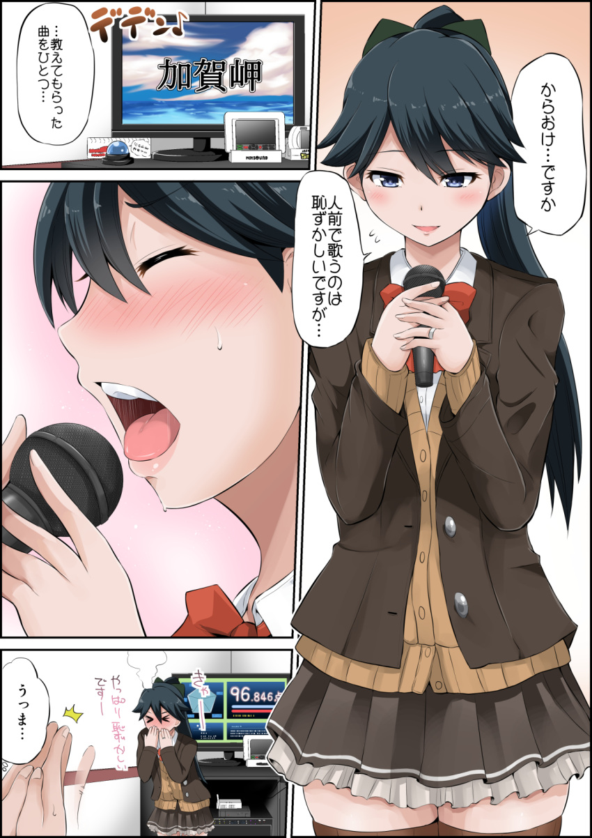 &gt;_&lt; 1girl blazer blush bow clapping close-up closed_eyes comic commentary covering_mouth flying_sweatdrops full-face_blush hair_bow highres holding holding_microphone houshou_(kantai_collection) jacket jewelry kantai_collection karaoke long_hair microphone open_mouth pleated_skirt ponytail ring school_uniform skirt smile sweat sweater television thigh-highs translated wedding_band yano_toshinori zettai_ryouiki