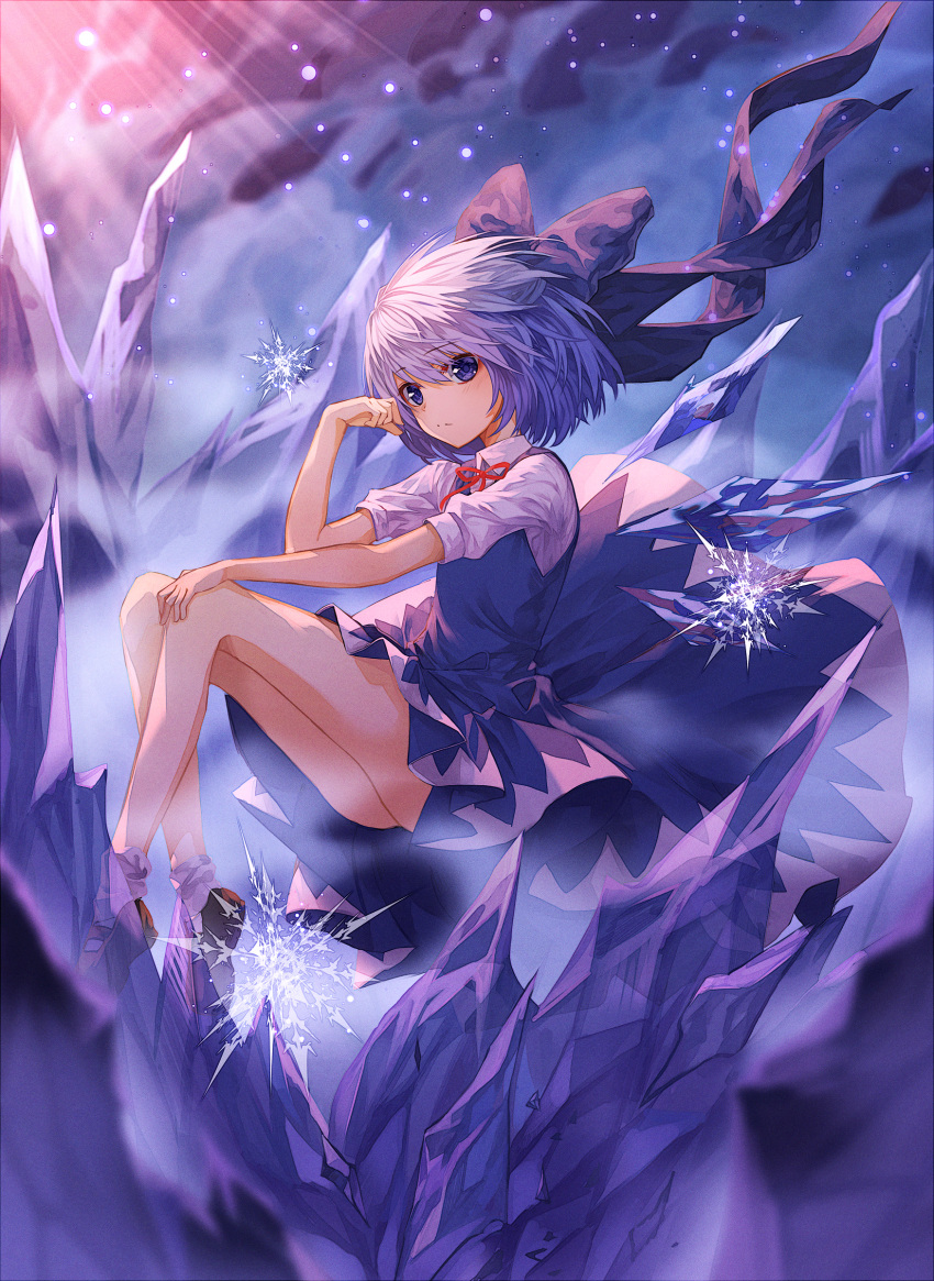 1girl absurdres bangs bare_legs blue_bow blue_dress blue_eyes blue_hair bow brown_footwear cirno dress eyebrows_visible_through_hair full_body hair_bow highres ice ice_wings light_particles lo-ta looking_at_viewer mary_janes outdoors red_ribbon revision ribbon shoes short_hair short_sleeves socks solo sunlight touhou white_legwear wind wings