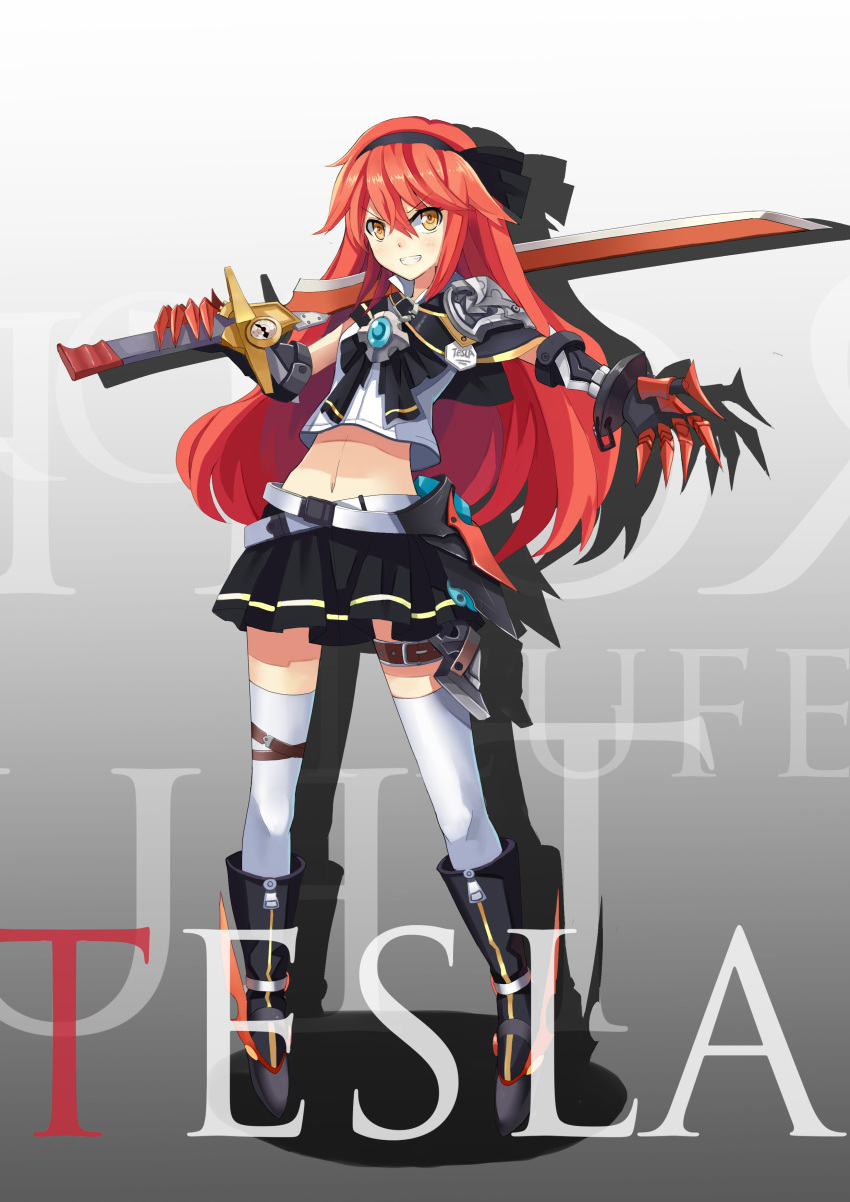 1girl absurdres black_skirt blush brown_eyes eyebrows_visible_through_hair full_body hairband highres holding holding_sword holding_weapon long_hair looking_at_viewer navel original parted_lips qihai_lunpo redhead skirt smile solo sword teeth thigh-highs weapon white_legwear